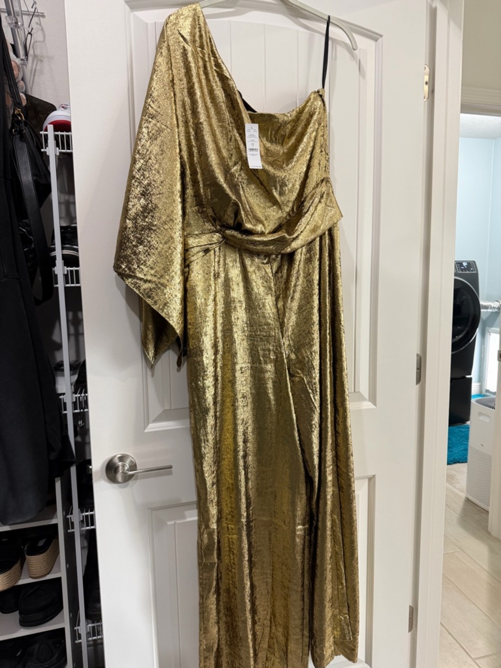 White House Black Market One-Shoulder Metallic Chiffon Jumpsuit